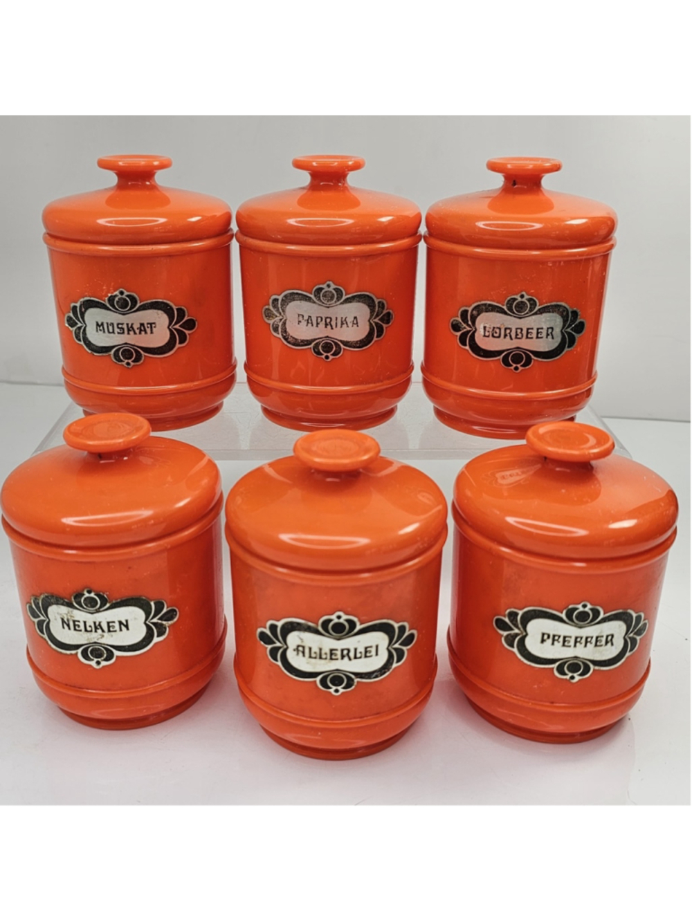 Vintage Emsa W Germany Orange Spice Jars Canisters Set of 6 Lidded Retro 1970s
